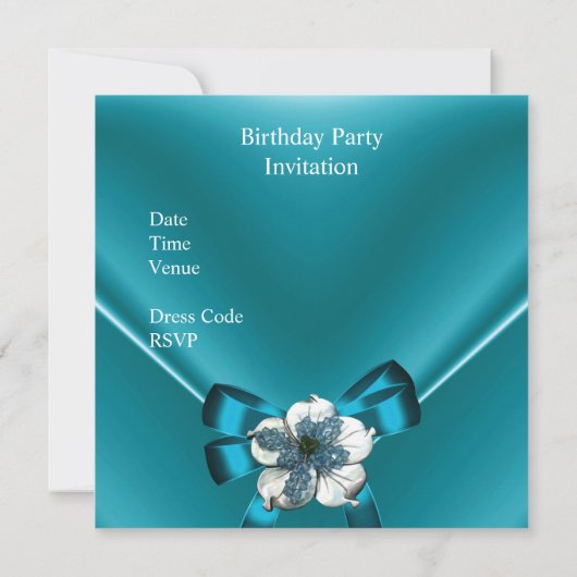 21歳の誕生日パーティーティール（緑がかった色）ブルーシルクホワイトジュエルボウ 招待状 (裏面)