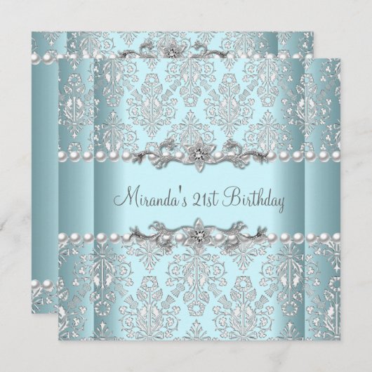 21歳の誕生日パーティーティール(緑がかった色)ブルーホワイトパールシルバー 招待状 (正面/裏面)
