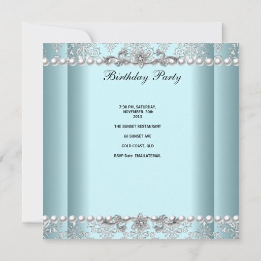 21歳の誕生日パーティーティール(緑がかった色)ブルーホワイトパールシルバー 招待状 (裏面)