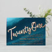 21歳の誕生日パーティーティール(緑がかった色)金ゴールド写真 箔招待状 (立ち正面)