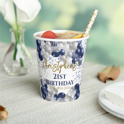 21歳の誕生日パーティーネイビーバルーン 紙コップ (インサイチュ)