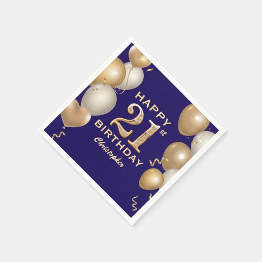 21歳の誕生日パーティーネイビーブルーと金ゴールドバルーン スタンダードカクテルナプキン (角)