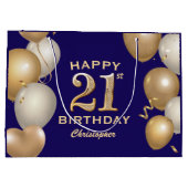 21歳の誕生日パーティーネイビーブルーと金ゴールドバルーン ラージペーパーバッグ (裏面)