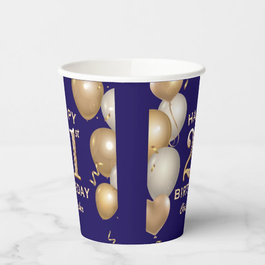 21歳の誕生日パーティーネイビーブルーと金ゴールドバルーン 紙コップ (左)