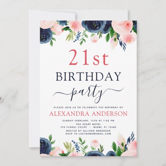 21歳の誕生日パーティーネイビーブルー赤面ピンクフローラ 招待状 (正面)