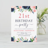 21歳の誕生日パーティーネイビーブルー赤面ピンクフローラ 招待状 (スタンド正面)