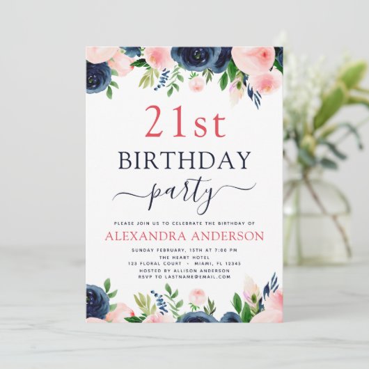 21歳の誕生日パーティーネイビーブルー赤面ピンクフローラ 招待状 (スタンド正面)