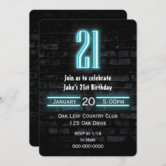 21歳の誕生日パーティーネオンサインオンブリック 招待状 (正面/裏面)