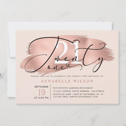 21歳の誕生日パーティーバラ金ゴールドとピンクの写真 招待状 (正面)