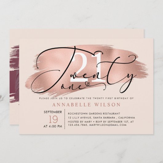 21歳の誕生日パーティーバラ金ゴールドとピンクの写真 招待状 (正面/裏面)