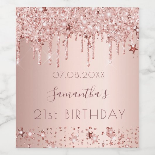 21歳の誕生日パーティーバラ金ゴールドグリッターピンクの星 ワインラベル (シングルラベル)
