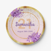 21歳の誕生日パーティーバラ金ゴールド紫の花模様名 ペーパープレート (正面)