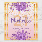 21歳の誕生日パーティーバラ金ゴールド紫色の花 ワインラベル (シングルラベル)