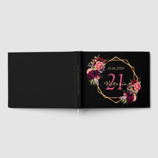 21歳の誕生日パーティーバーガンディ花模様幾何学的 ゲストブック (全面)