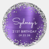 21歳の誕生日パーティーパープルシルバーグリッター ラウンドシール (正面)