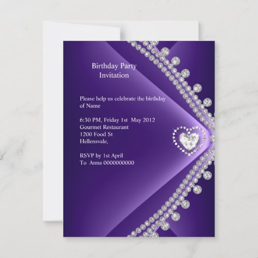21歳の誕生日パーティーパープルハートダイヤモンドジュエル 招待状 (裏面)