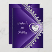21歳の誕生日パーティーパープルハートダイヤモンドジュエル 招待状 (正面/裏面)