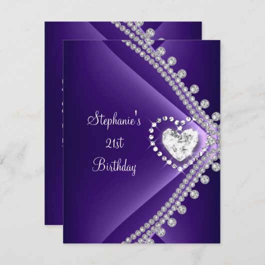 21歳の誕生日パーティーパープルハートダイヤモンドジュエル 招待状 (正面/裏面)
