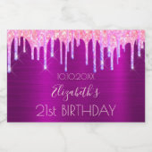21歳の誕生日パーティーパープルピンクグリッタードリップ スパークリングワインラベル (シングルラベル)