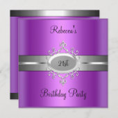 21歳の誕生日パーティーパープルピンクシルバー 招待状 (正面/裏面)