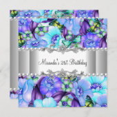 21歳の誕生日パーティーパープルフローラホワイトパール 招待状 (正面/裏面)