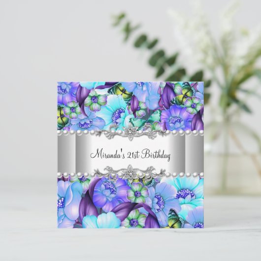 21歳の誕生日パーティーパープルフローラホワイトパール 招待状 (スタンド正面)