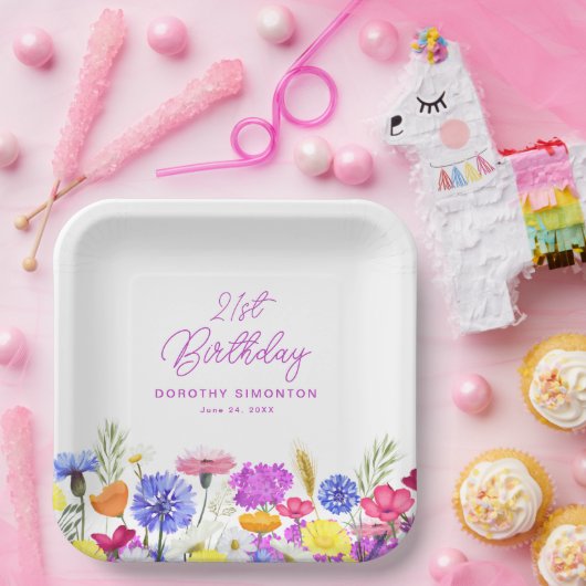 21歳の誕生日パーティーパープルワイルドフラワーカスタム ペーパープレート (パーティー)