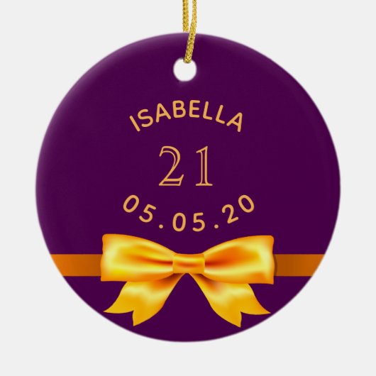 21歳の誕生日パーティーパープル金ゴールドボウ名エレガント セラミックオーナメント (正面)