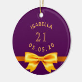 21歳の誕生日パーティーパープル金ゴールドボウ名エレガント セラミックオーナメント (左)