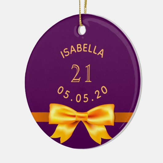 21歳の誕生日パーティーパープル金ゴールドボウ名エレガント セラミックオーナメント (左)