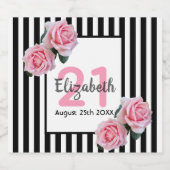 21歳の誕生日パーティーピンクのバラ黒い白いストライプ スパークリングワインラベル (シングルラベル)