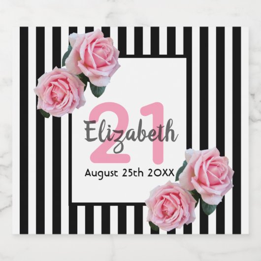 21歳の誕生日パーティーピンクのバラ黒い白いストライプ スパークリングワインラベル (シングルラベル)