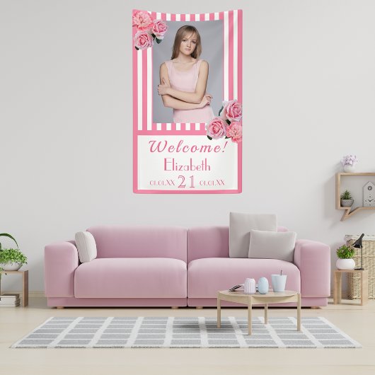21歳の誕生日パーティーピンクの白ストライプ色の写真 横断幕