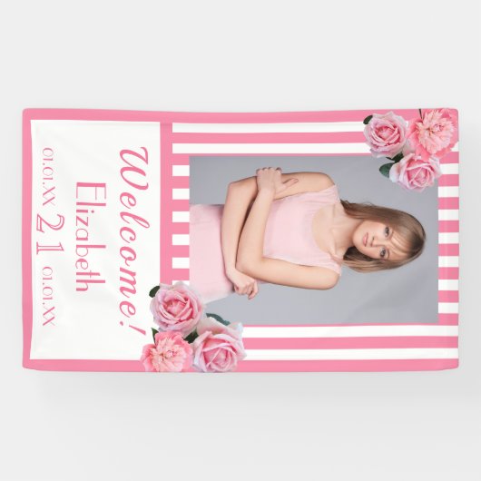 21歳の誕生日パーティーピンクの白ストライプ色の写真 横断幕 (横)