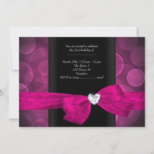 21歳の誕生日パーティーピンクの白黒バブル 招待状 (裏面)