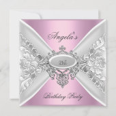 21歳の誕生日パーティーピンクエレガントシルバーホワイト 招待状 (正面)