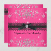 21歳の誕生日パーティーピンクグリッターブラックボウジュエル 招待状 (正面/裏面)