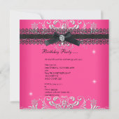 21歳の誕生日パーティーピンクグリッターブラックボウジュエル 招待状 (裏面)