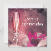 21歳の誕生日パーティーピンクシャンパンガラスボウ2 招待状 (正面)