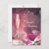 21歳の誕生日パーティーピンクシャンパンガラスボウ 招待状 (正面)