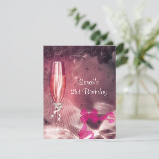 21歳の誕生日パーティーピンクシャンパンガラスボウ 招待状 (スタンド正面)