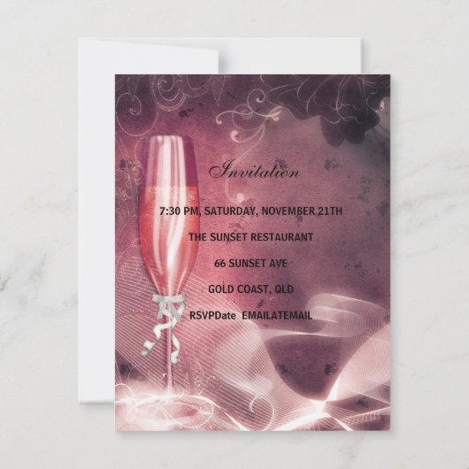 21歳の誕生日パーティーピンクシャンパンガラスボウ 招待状 (裏面)