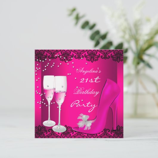 21歳の誕生日パーティーピンクシャンパンハイヒールシューズ 招待状 (スタンド正面)