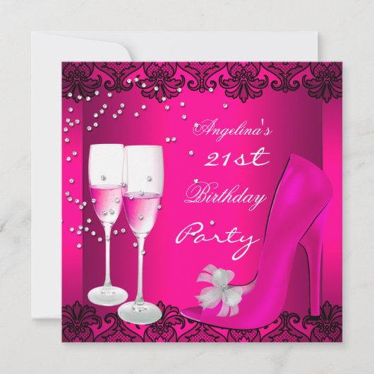 21歳の誕生日パーティーピンクシャンパンハイヒールシューズ 招待状 (正面)