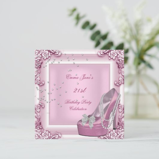 21歳の誕生日パーティーピンクハイヒールシューズ 招待状 (スタンド正面)