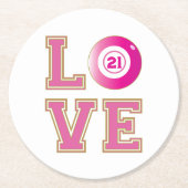 21歳の誕生日パーティーピンクビンゴボールパーソナライズされた ラウンドペーパーコースター (正面)