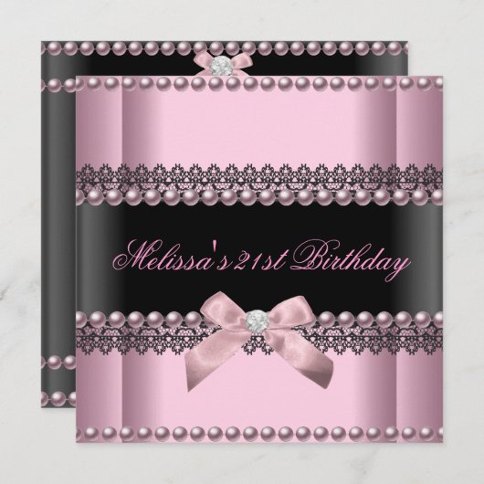 21歳の誕生日パーティーピンクブラックレースパール 招待状 (正面/裏面)