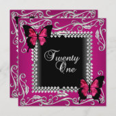 21歳の誕生日パーティーピンクブラック蝶シルバー 招待状 (正面/裏面)
