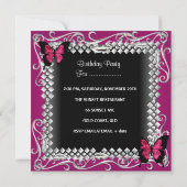 21歳の誕生日パーティーピンクブラック蝶シルバー 招待状 (裏面)