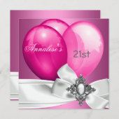 21歳の誕生日パーティーピンクホワイトシルバーボウバルーン 招待状 (正面/裏面)
